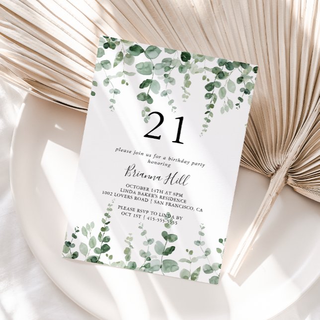 Invitation Eucalyptus minimaliste 21ème fête d'anniversaire (Créateur téléchargé)