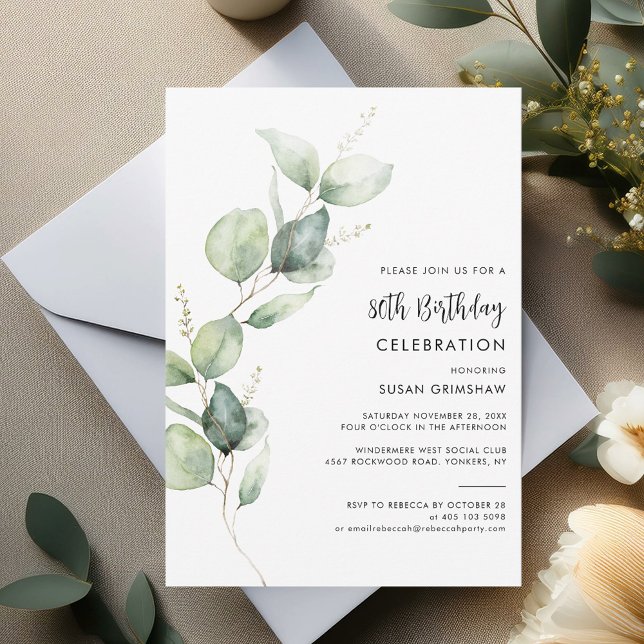 Invitation Eucalyptus Minimaliste 80ème anniversaire (80th Birthday Party Sage Green Eucalyptus Stem Invitation)