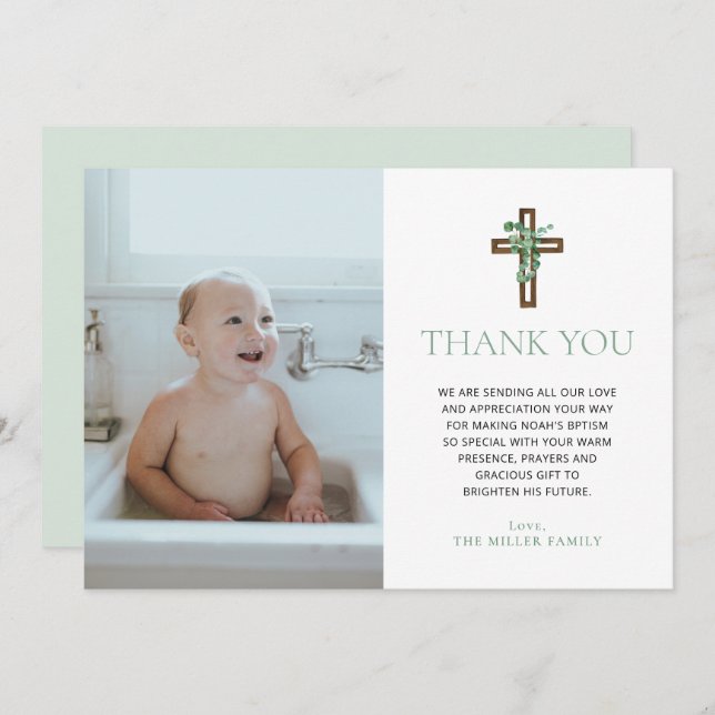 Invitation Eucalyptus Modern Baptism Photo Thank You Cards (Devant / Derrière)