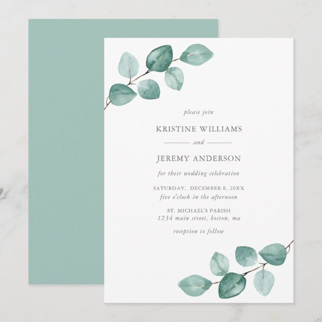 Invitation Eucalyptus moderne Aquarelle Mariage vert (Devant / Derrière)