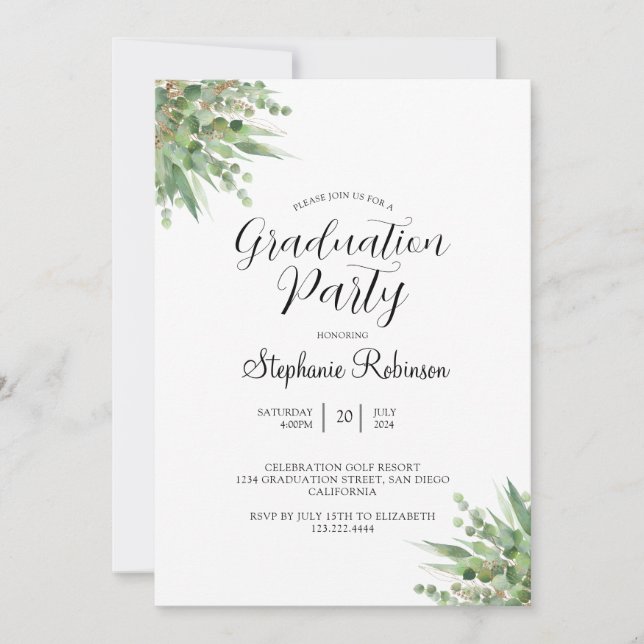 Invitation Eucalyptus Moderne Calligraphie Parti de Graduatio (Devant)