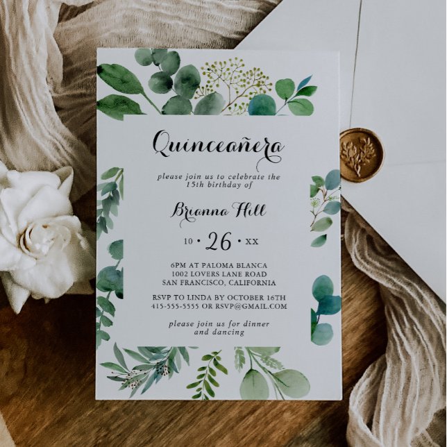 Invitation Eucalyptus Moderne Calligraphie Quinceañera (Créateur téléchargé)