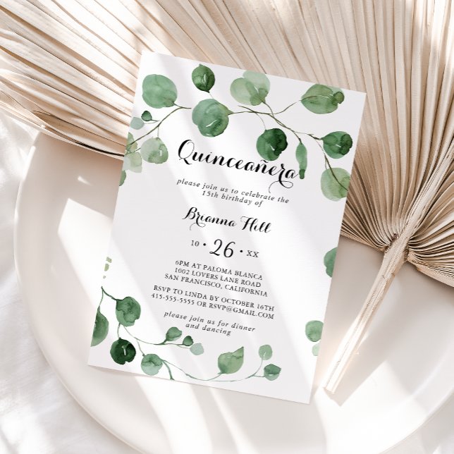 Invitation Eucalyptus Moderne Calligraphie Quinceañera (Créateur téléchargé)