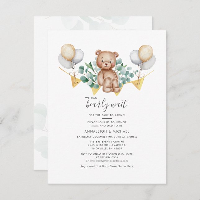 Invitation Eucalyptus moderne Couples Baby shower Ours Foliin (Devant / Derrière)