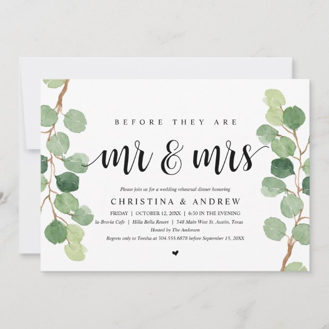 Invitation Eucalyptus Moderne, Dîner de Répétition de Mariage (Devant)