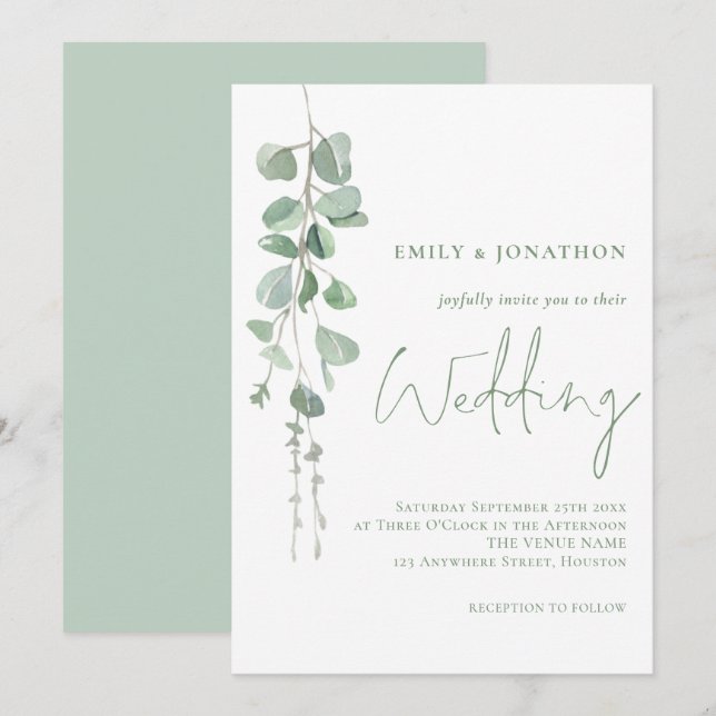 Invitation Eucalyptus moderne Élégant Mariage de script de sa (Devant / Derrière)