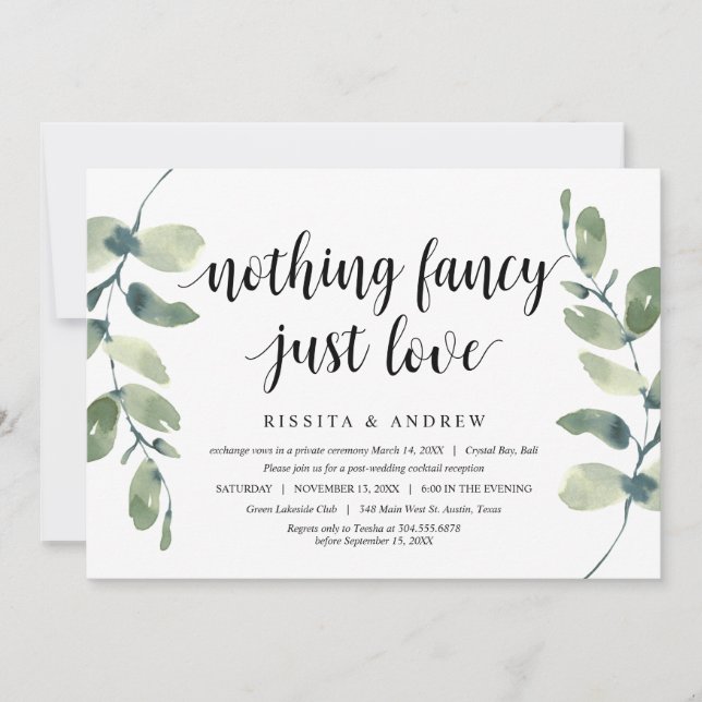 Invitation Eucalyptus Moderne, Encre Noire, Fuite de Mariage (Devant)