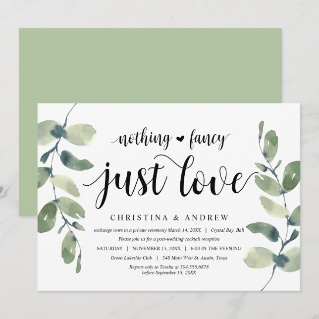 Invitation Eucalyptus Moderne, Encre Noire, Fuite de Mariage (Devant / Derrière)