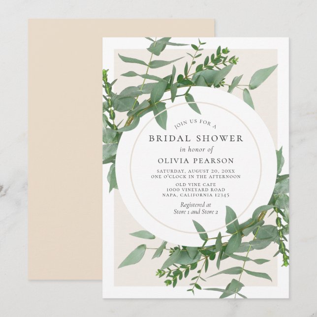 Invitation Eucalyptus moderne Fête des mariées circulaire ver (Devant / Derrière)