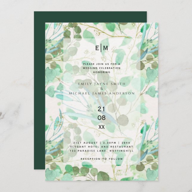 Invitation Eucalyptus moderne Feuille mariage vert invite (Devant / Derrière)