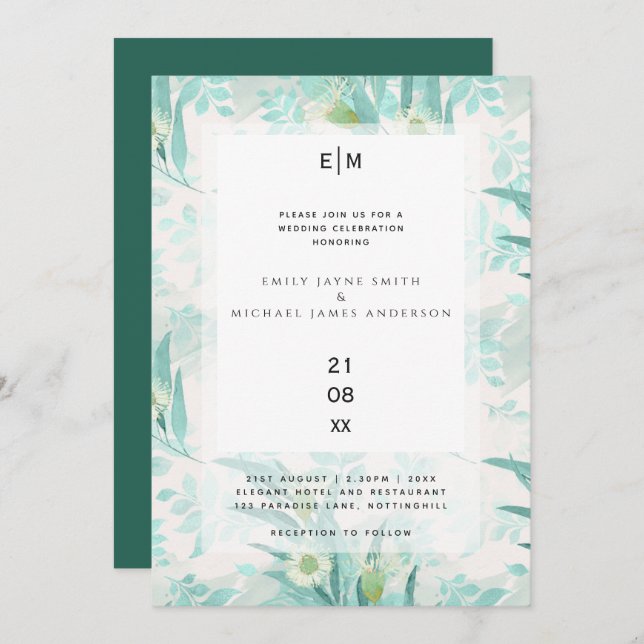 Invitation Eucalyptus moderne Feuille mariage vert invite (Devant / Derrière)