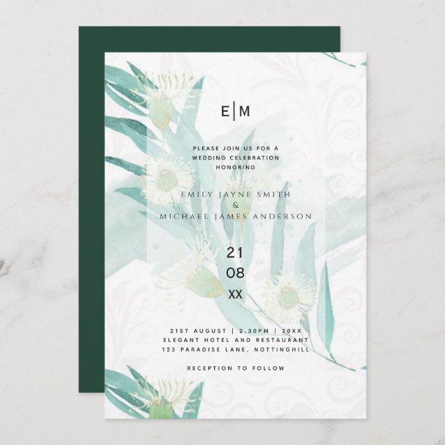 Invitation Eucalyptus moderne Feuille mariage vert invite (Devant / Derrière)