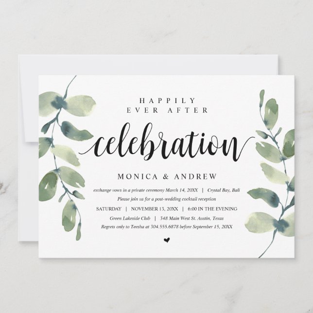 Invitation Eucalyptus moderne, Mariage Elopement Célébration (Devant)