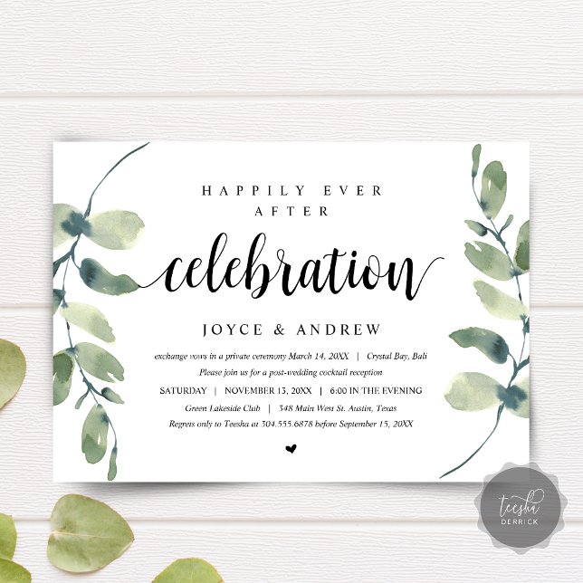 Invitation Eucalyptus moderne, Mariage Elopement Célébration (Wedding Elopement Dinner, Party, Celebration Invitation card, Modern Eucalyptus, Downloadable)