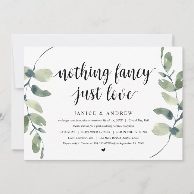 Invitation Eucalyptus moderne, Noir, Mariage Elopement Party (Devant)