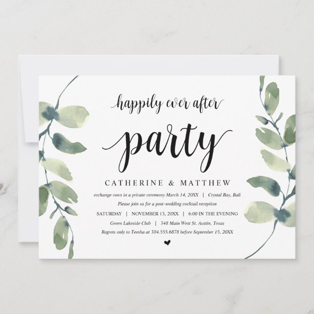 Invitation Eucalyptus moderne, Noir, Mariage Elopement Party (Devant)