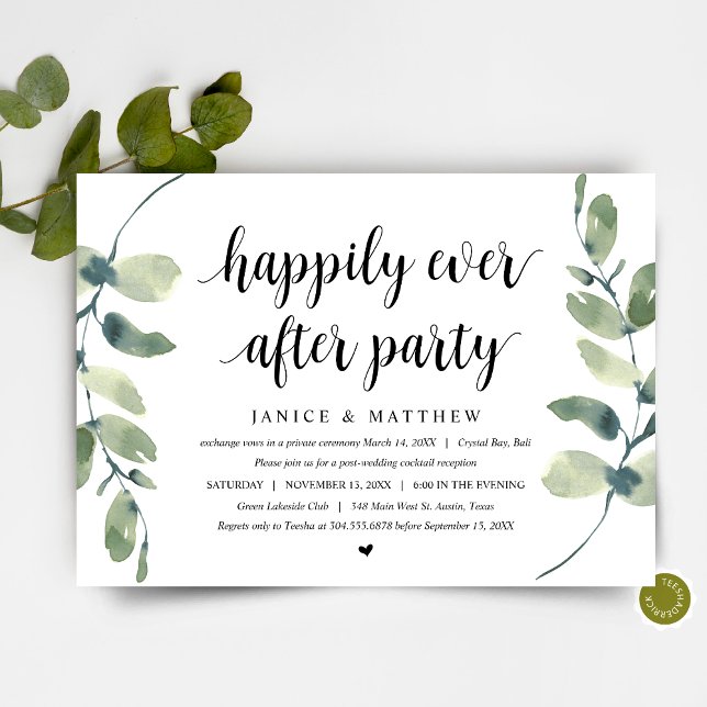 Invitation Eucalyptus Moderne, Noir, Mariage Fuite de Cérémon (Wedding Elopement Party,  Dinner and Dancing Invitation Card, in Modern Eucalyptus Greenery themed)