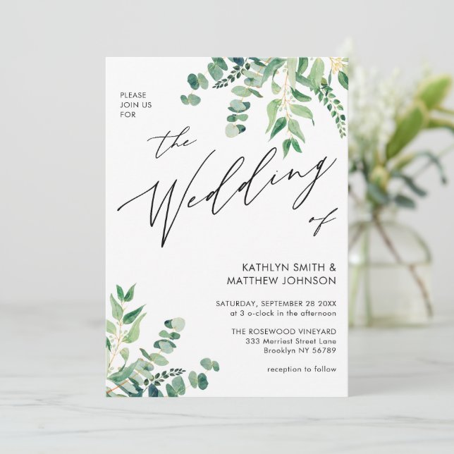 Invitation Eucalyptus Moderne Verdure Tout en un Mariage (Debout devant)