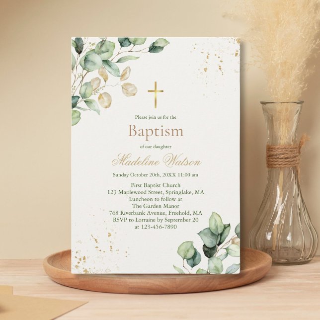 Invitation Eucalyptus moderne Vert Croix d'or Baptême (Créateur téléchargé)