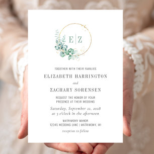 Invitation Eucalyptus Monogram Wreath Watercolor Mariage