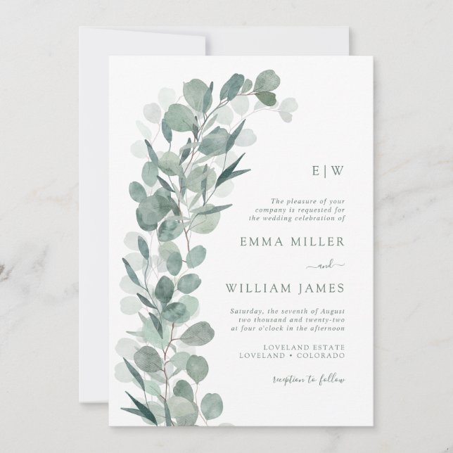 Invitation Eucalyptus Monogrammé Mariage (Devant)