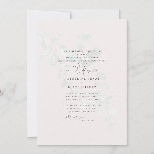 Invitation Eucalyptus Muet pâle Blush Les deux parents Mariag (Devant)
