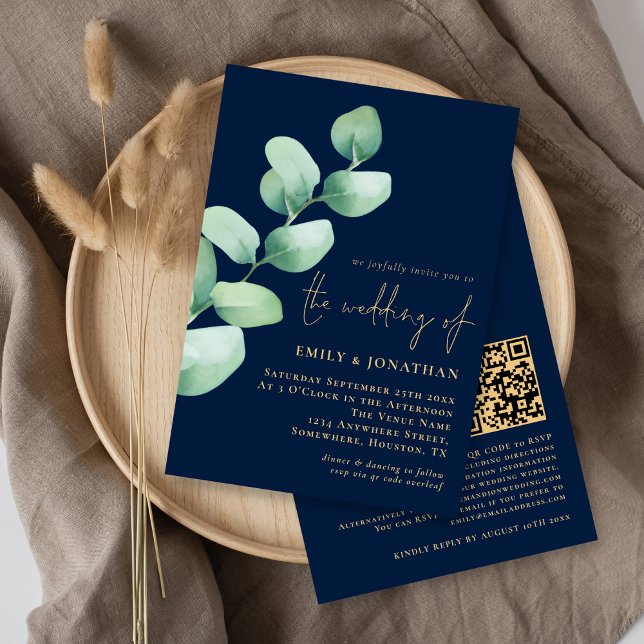 Invitation Eucalyptus Navy Blue Gold QR Code Script Mariage (Créateur téléchargé)