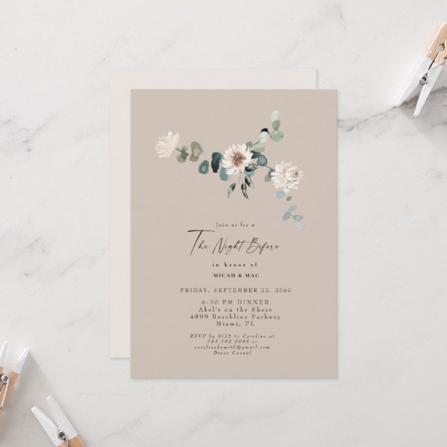 Invitation Eucalyptus Neutre Simple La Nuit Avant Le Mariage (Devant/Arrière en situation)