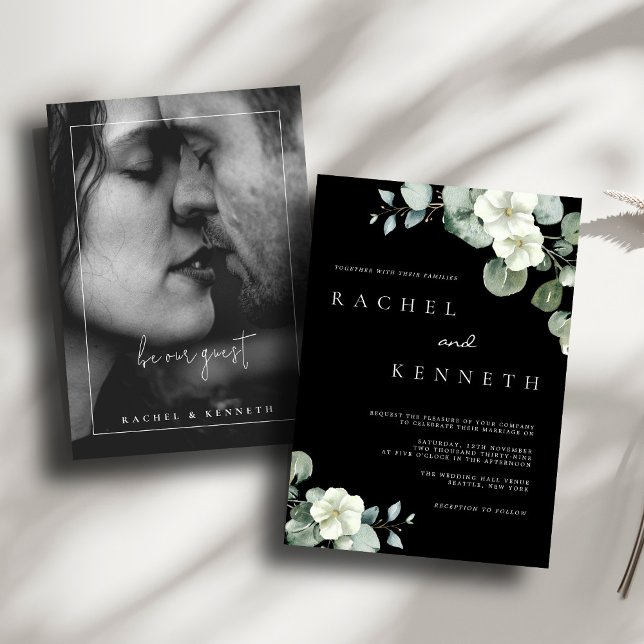 Invitation Eucalyptus Noir & Blanc Minimaliste photo mariage (Créateur téléchargé)