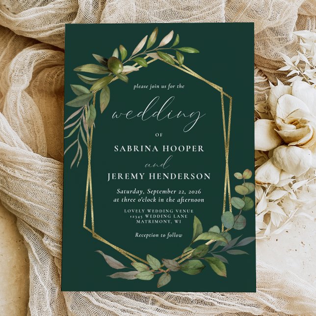 Invitation Eucalyptus Olive Verdure Or Géométrique Émeraude V (Créateur téléchargé)