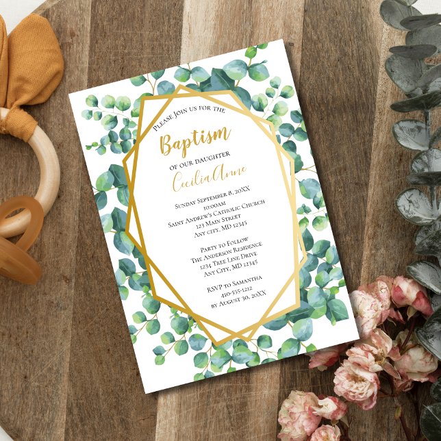 Invitation Eucalyptus Or Floral Vert Doré Baptême Fille Garço (Eucalyptus Gold Frame Formal Baptism Invitation Baby Boy or Girl. Printed or Instant Download )