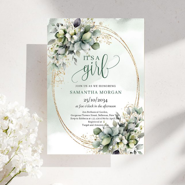 Invitation Eucalyptus Or Vert C'est Une Fille (Green Gold Eucalyptus Look It’s A Girl Invitation)