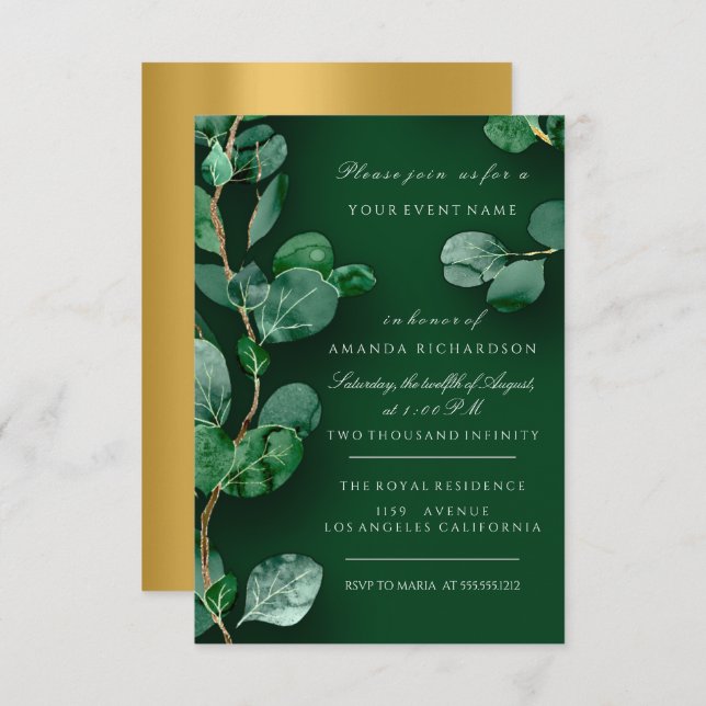 Invitation Eucalyptus Or Vert Mariage Anniversaire (Devant / Derrière)