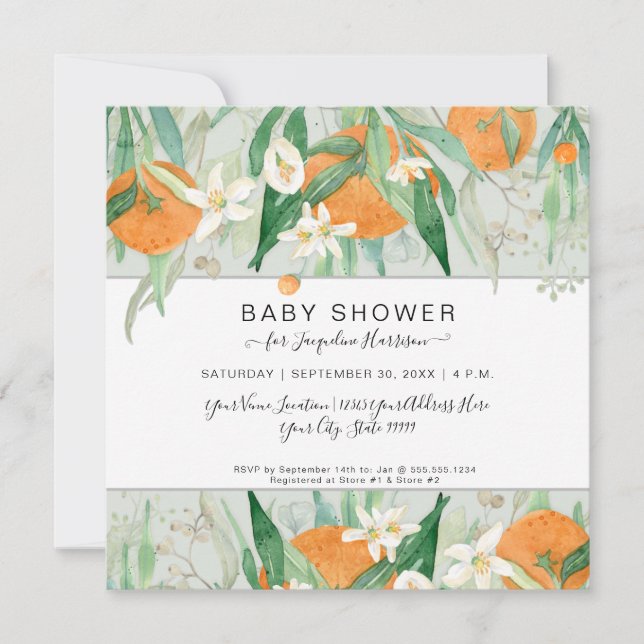 Invitation Eucalyptus Orange Mint a Little Cutie Baby shower (Devant)