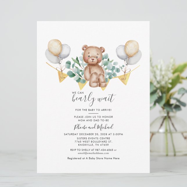 Invitation Eucalyptus Ours Couple Baby shower Verdure Script (Debout devant)