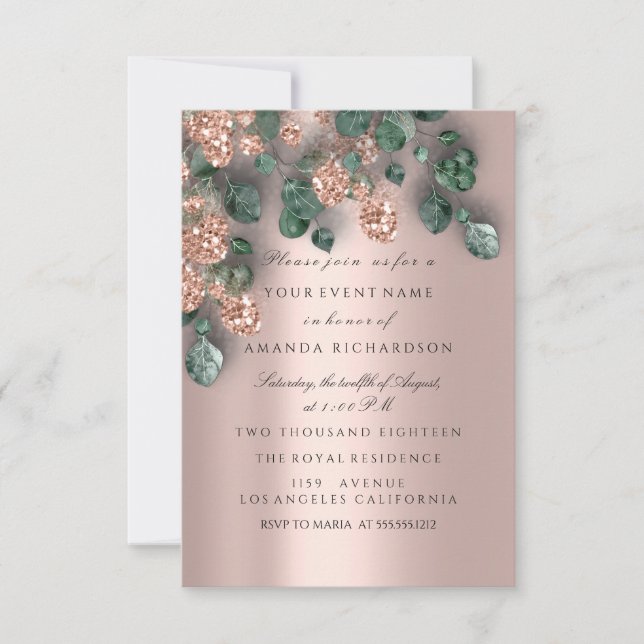 Invitation Eucalyptus Parties scintillant Rose  Foils rustiqu (Devant)