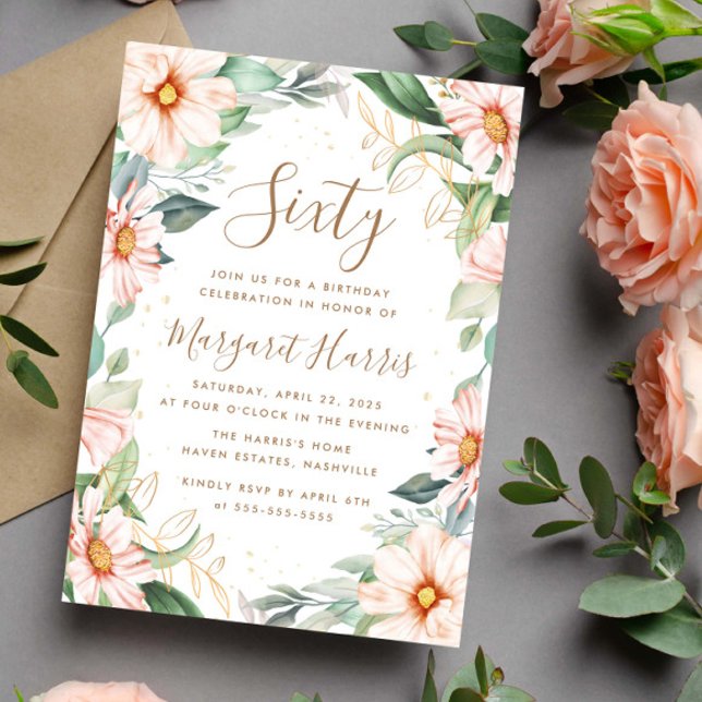 Invitation Eucalyptus Peach Gold Floral 60e Soixante Annivers (Créateur téléchargé)
