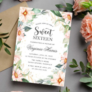 Invitation Eucalyptus Pêcher Sweet sixteen floral 16 Annivers