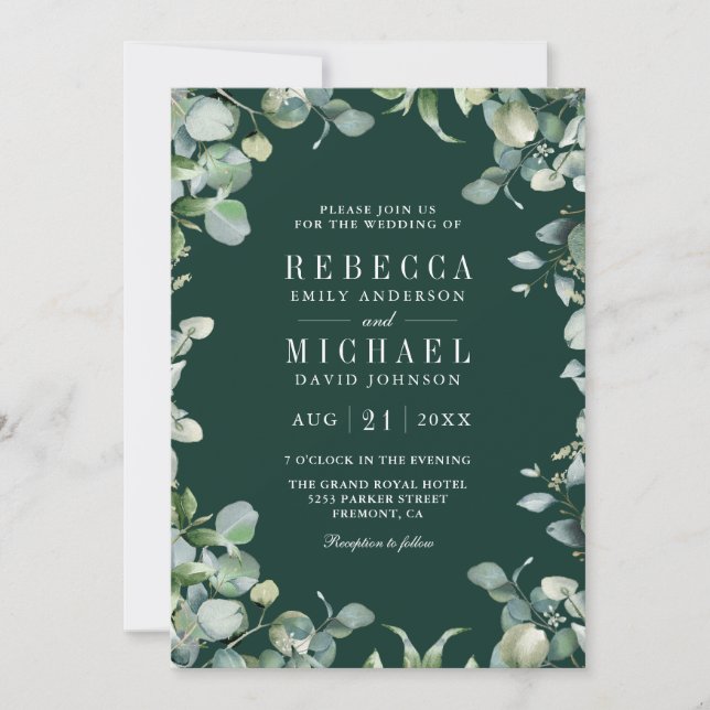 Invitation Eucalyptus Photo Collage QR Code Emerald Wedding (Devant)