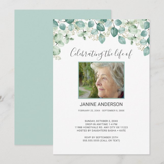 Invitation Eucalyptus Photo de célébration de la vie Invitati (Devant / Derrière)