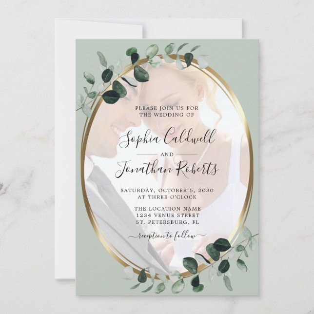Invitation Eucalyptus Photo Gold Mariage de mesure métallique (Devant)