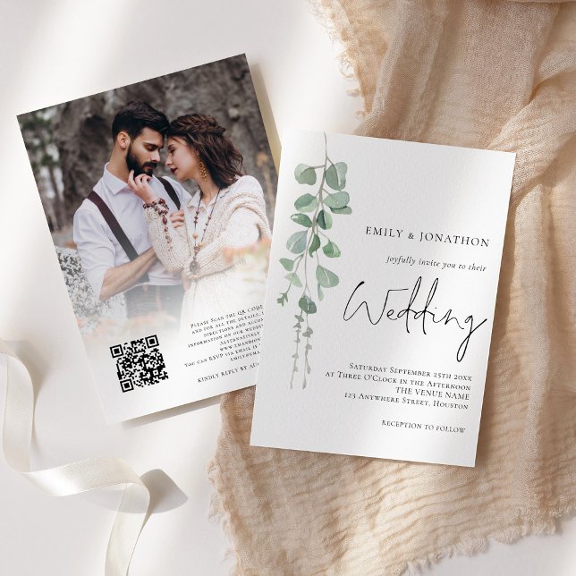 Invitation Eucalyptus Photo Overlay QR Code Script Mariage (Créateur téléchargé)
