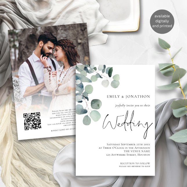 Invitation Eucalyptus Photo Overlay Script QR Code Mariage (Front and back view)