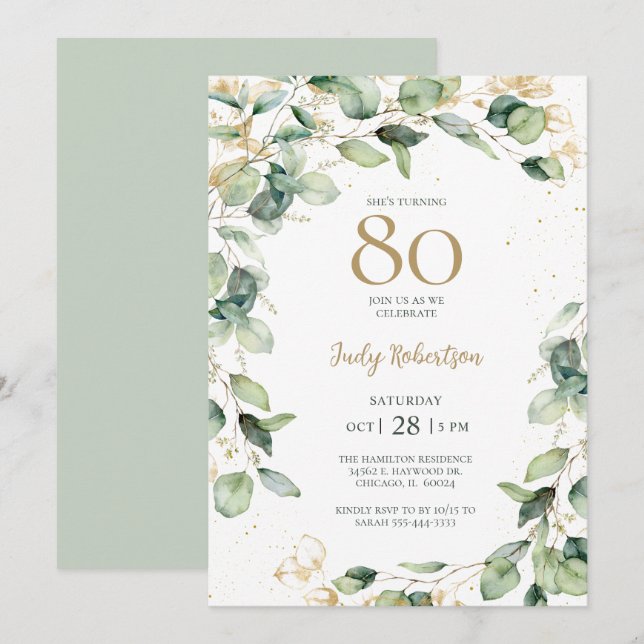 Invitation Eucalyptus pour 80e anniversaire (Devant / Derrière)