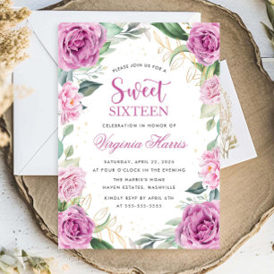 Invitation Eucalyptus Purple Sweet sixteen Floral 16 Annivers