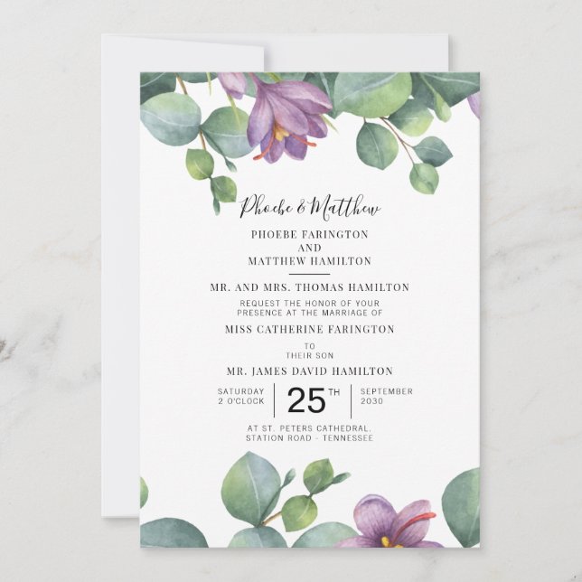 Invitation Eucalyptus Purple Vert Floral Mariage Succulent (Devant)