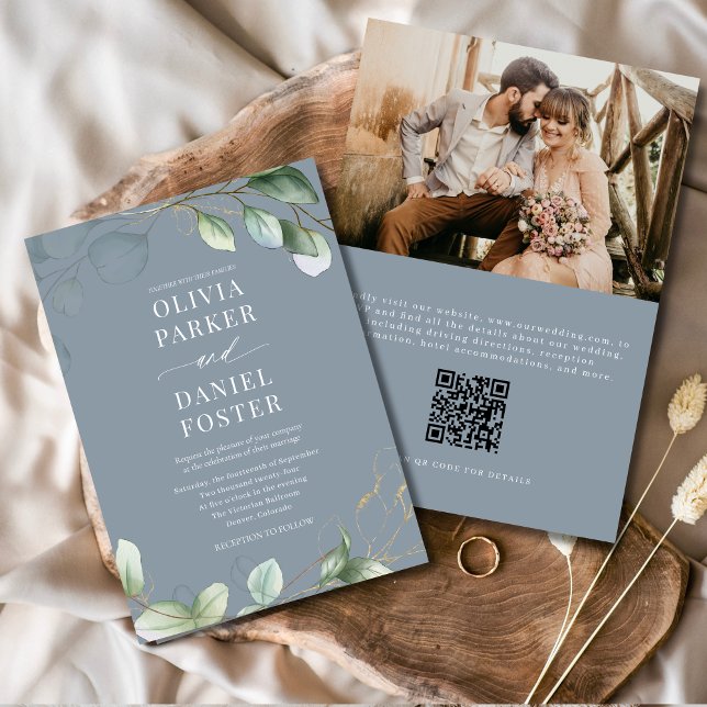 Invitation Eucalyptus QR Code Dusty Blue Photo Mariage (Créateur téléchargé)