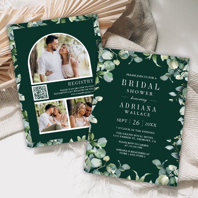 Invitation Eucalyptus QR Code Emerald Green Bridal Shower (Créateur téléchargé)