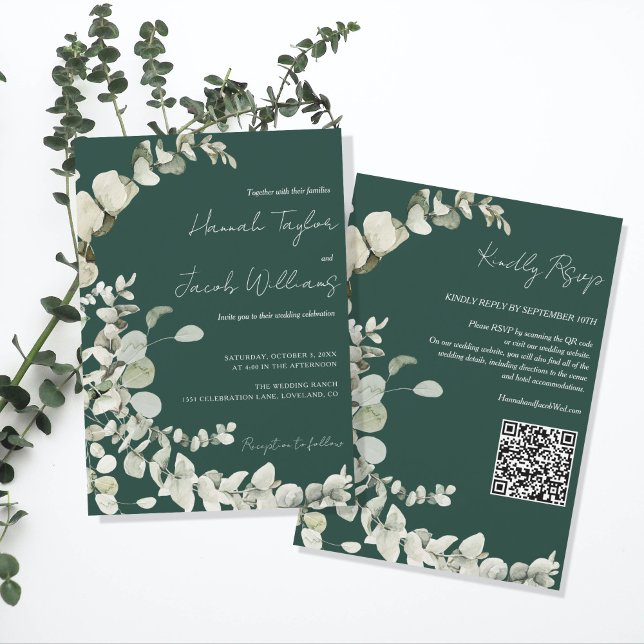 Invitation Eucalyptus QR Code Emerald Mariage vert (qr code wedding invitation emerald green)