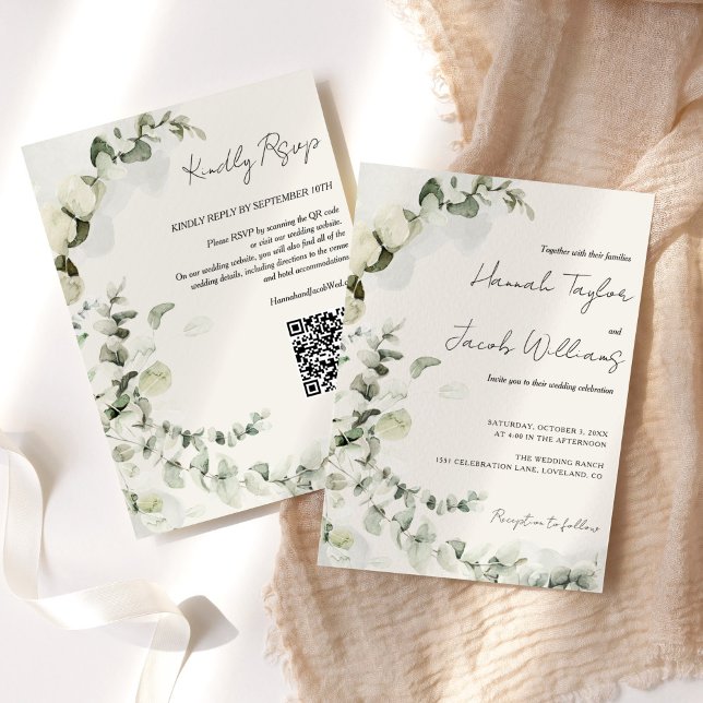 Invitation Eucalyptus QR Code Mariage beige (beige qr code rsvp wedding invitation)